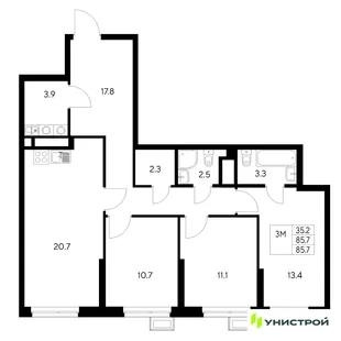 Планировка 3-комн. квартира, 85.7 м² ЖК «Стадиум»