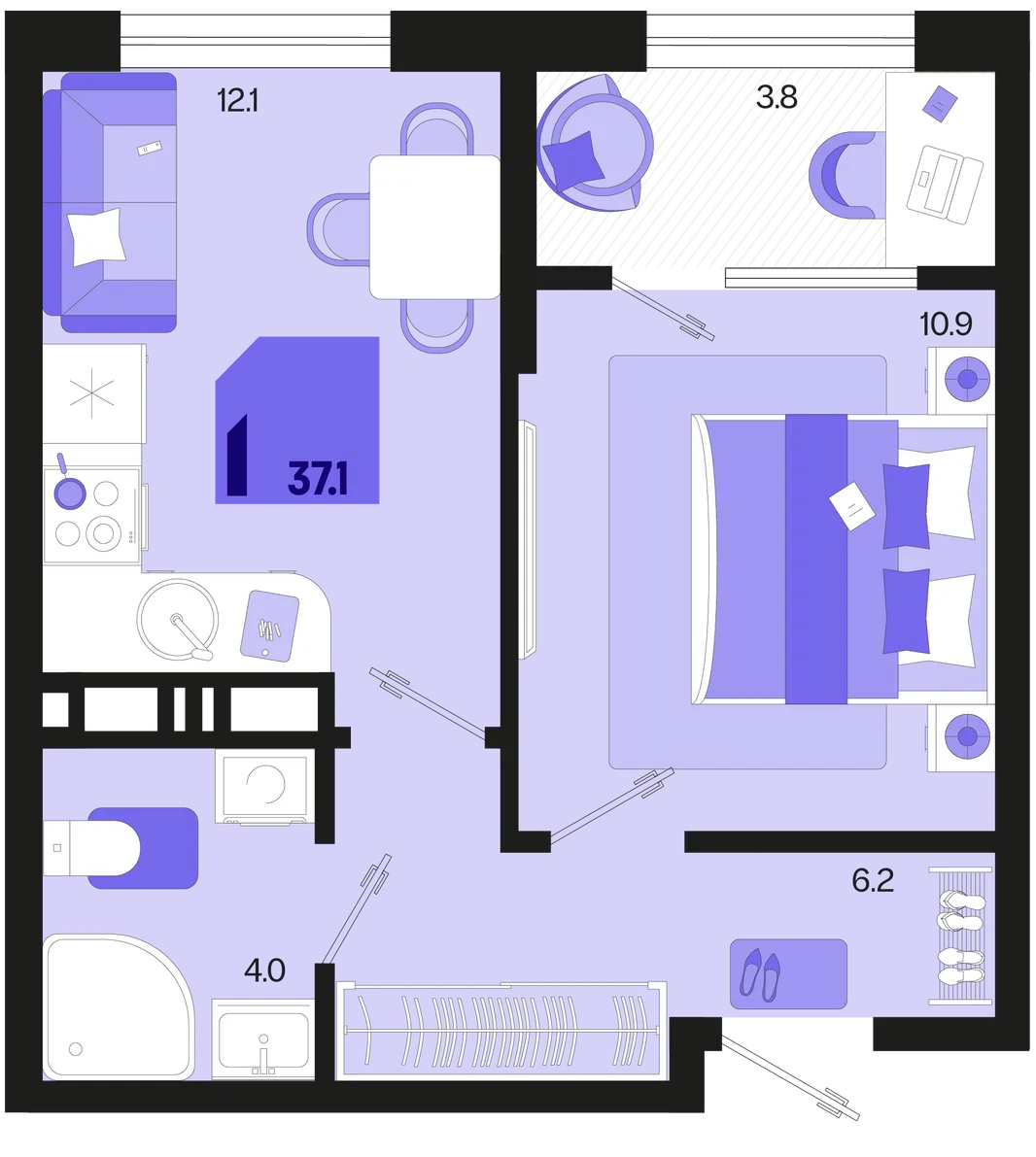 Планировка 1-комн. квартира, 37.1 м² ЖК «Первое место»
