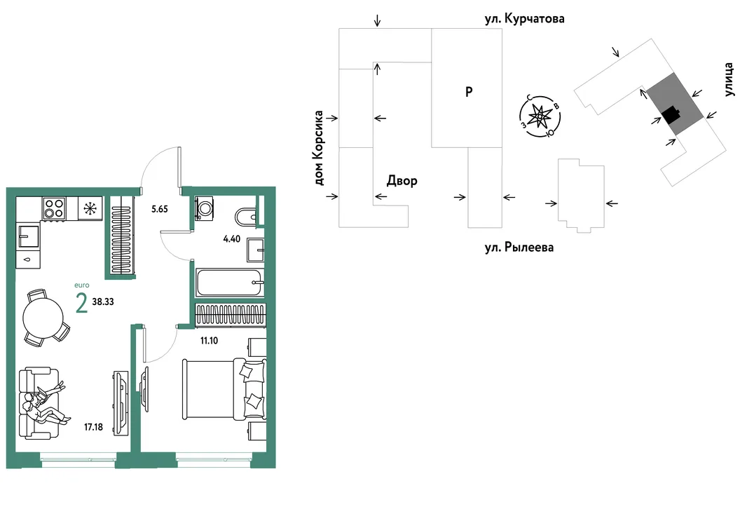 Планировка 2-комн. квартира, 38.68 м² ЖК «Остров-сад»