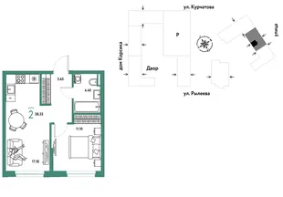 Планировка 2-комн. квартира, 38.68 м² ЖК «Остров-сад»