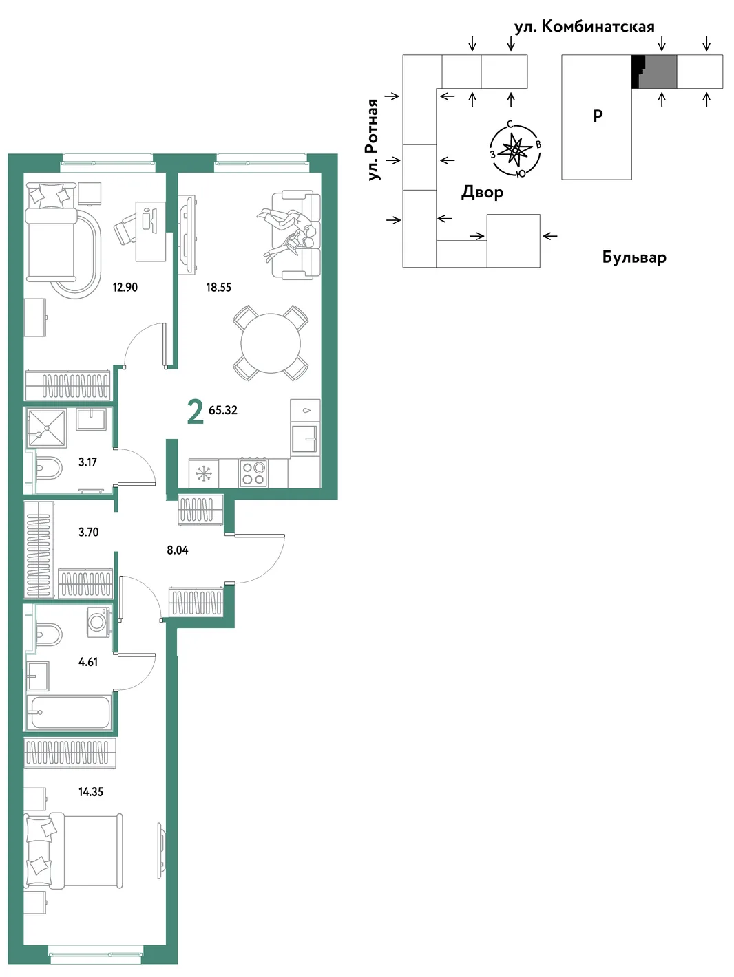 Планировка 2-комн. квартира, 64.69 м² ЖК «Уральский сад»