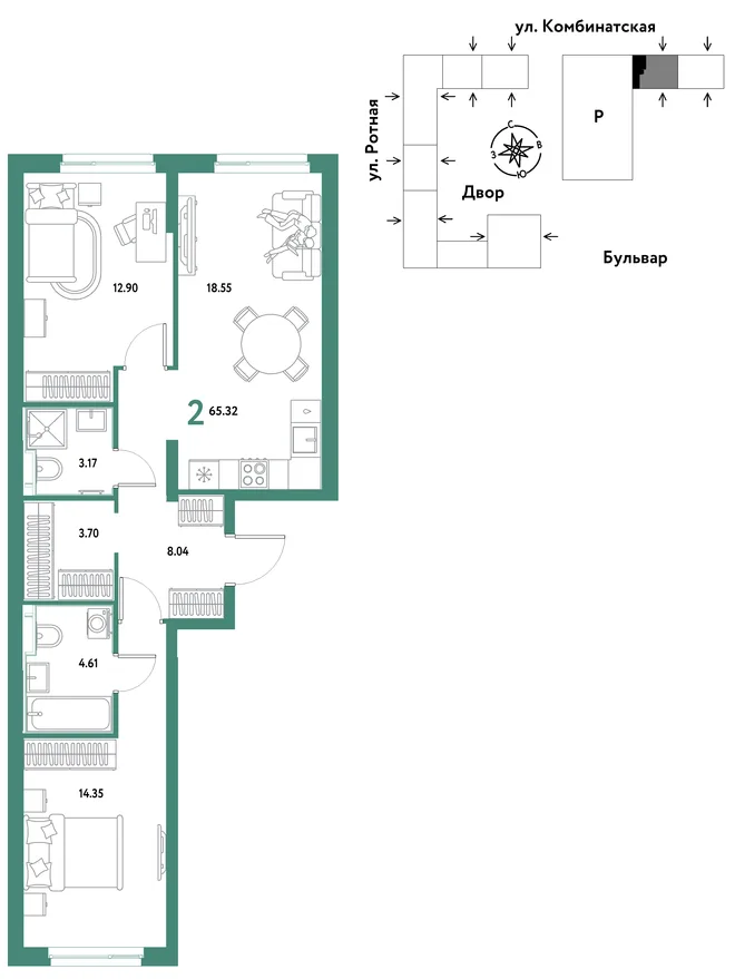 Планировка 2-комн. квартира, 64.69 м² ЖК «Уральский сад» Планировка 2-комн. квартира, 64.69 м² ЖК «Уральский сад»