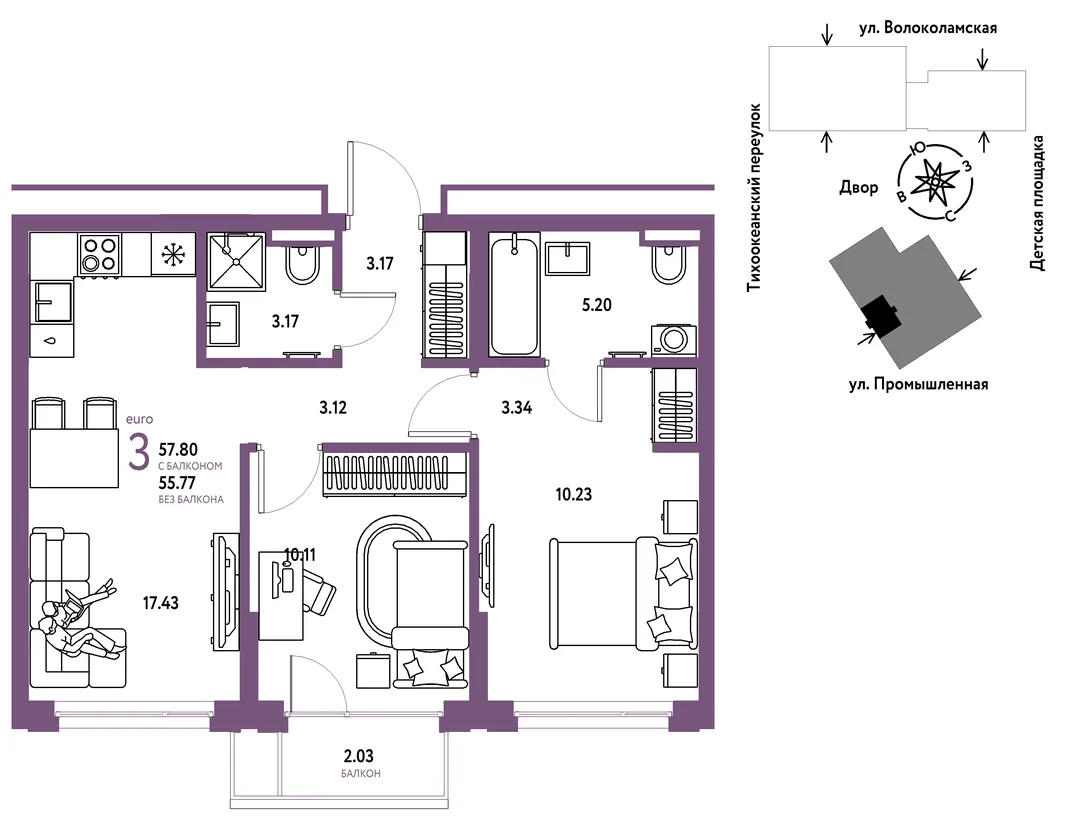 Планировка 3-комн. квартира, 57.8 м² ЖК «Страна Прибрежная»