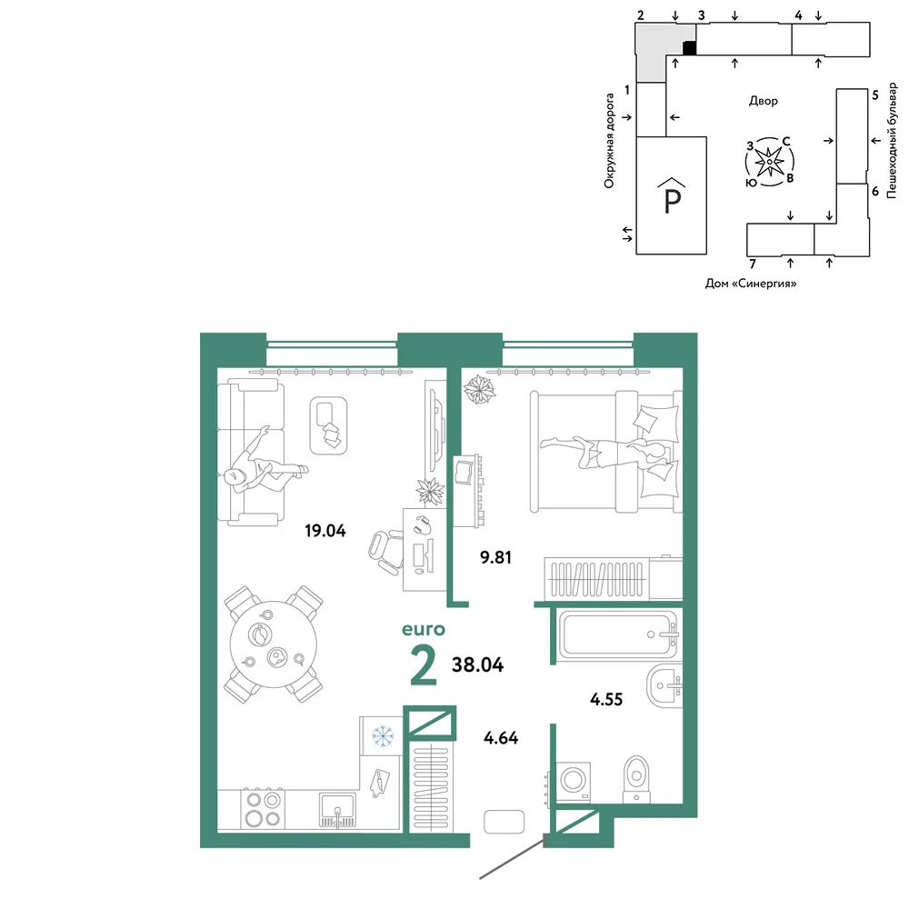 Планировка 2-комн. квартира, 38.04 м² ЖК «Юнион»
