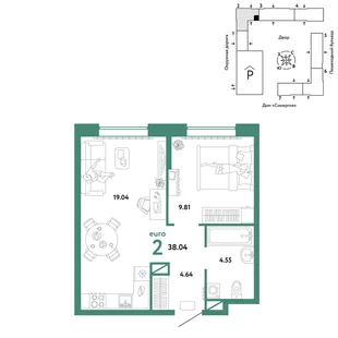 Планировка 2-комн. квартира, 38.04 м² ЖК «Юнион»