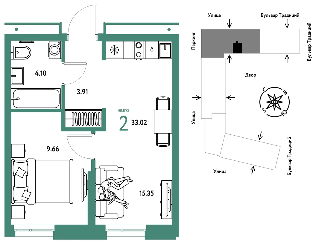 Планировка 2-комн. квартира, 33.02 м² ЖК «Микрорайон Домашний»