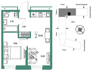 Планировка 2-комн. квартира, 33.02 м² ЖК «Микрорайон Домашний»