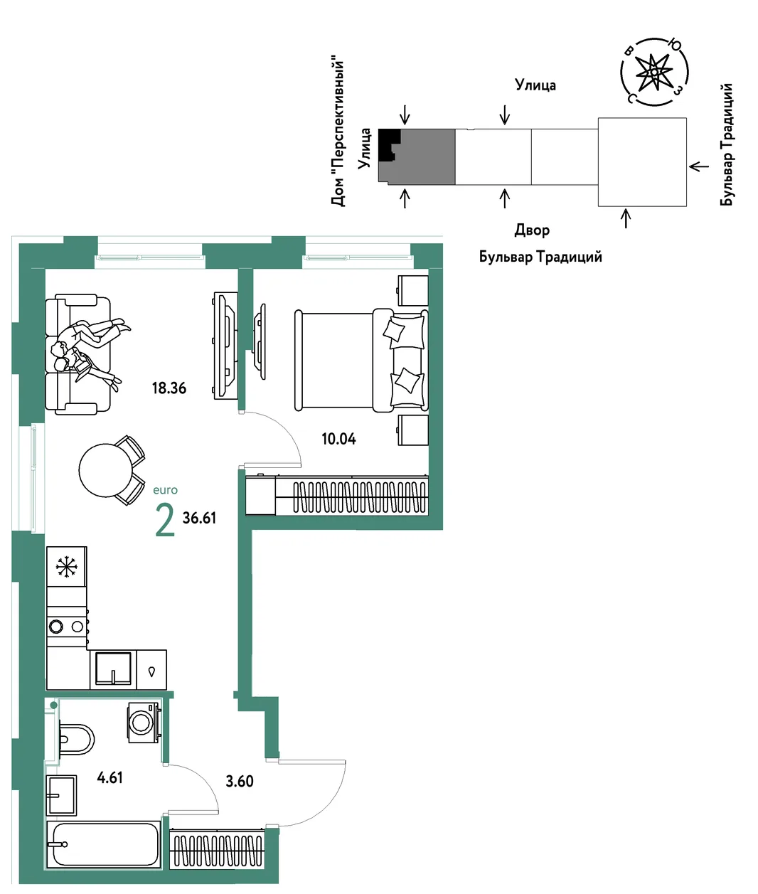 Планировка 2-комн. квартира, 36.61 м² ЖК «Микрорайон Домашний»