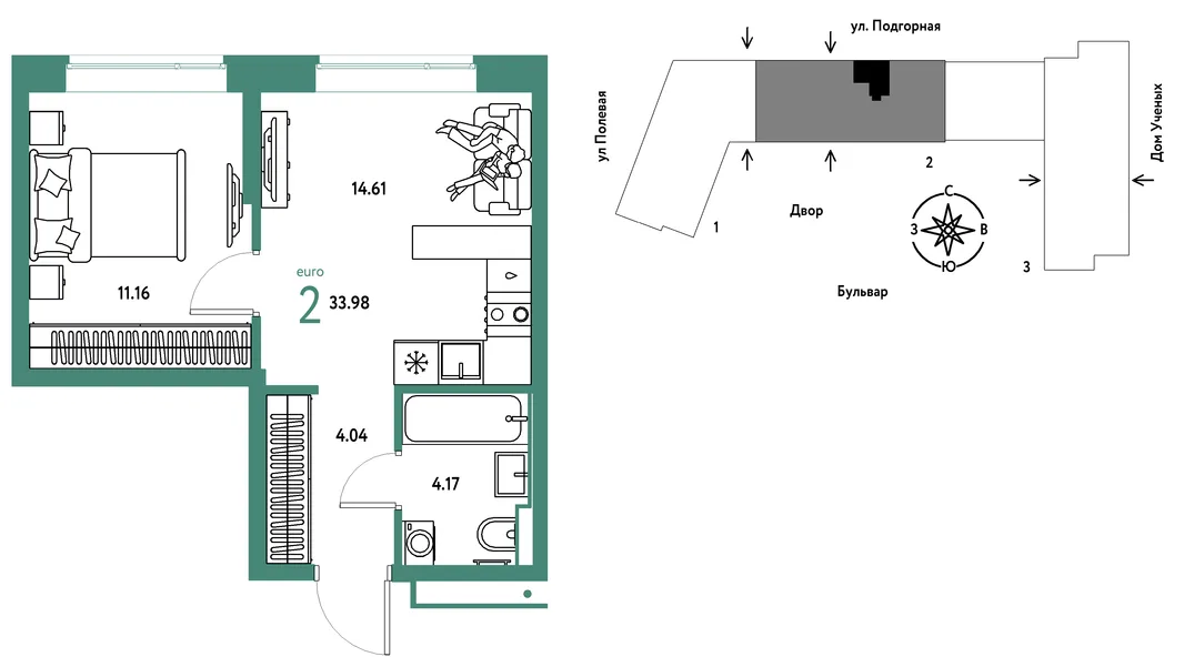 Планировка 2-комн. квартира, 33.98 м² ЖК «Авторский»