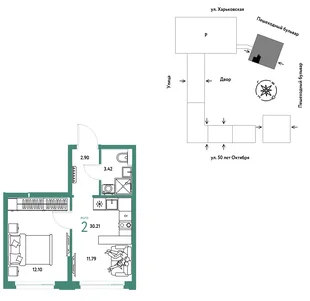 Планировка 2-комн. квартира, 30.21 м² ЖК «Сердце Сибири»