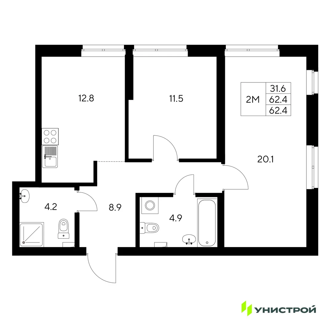 Планировка 2-комн. квартира, 62.4 м² ЖК «Стадиум»