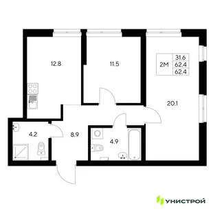 Планировка 2-комн. квартира, 62.4 м² ЖК «Стадиум»
