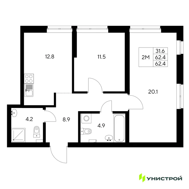 Планировка 2-комн. квартира, 62.4 м² ЖК «Стадиум» Планировка 2-комн. квартира, 62.4 м² ЖК «Стадиум»