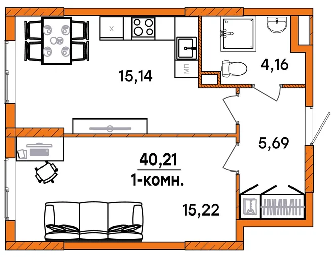 Планировка 1-комн. квартира, 40.21 м² ЖК «Юность» Планировка 1-комн. квартира, 40.21 м² ЖК «Юность»