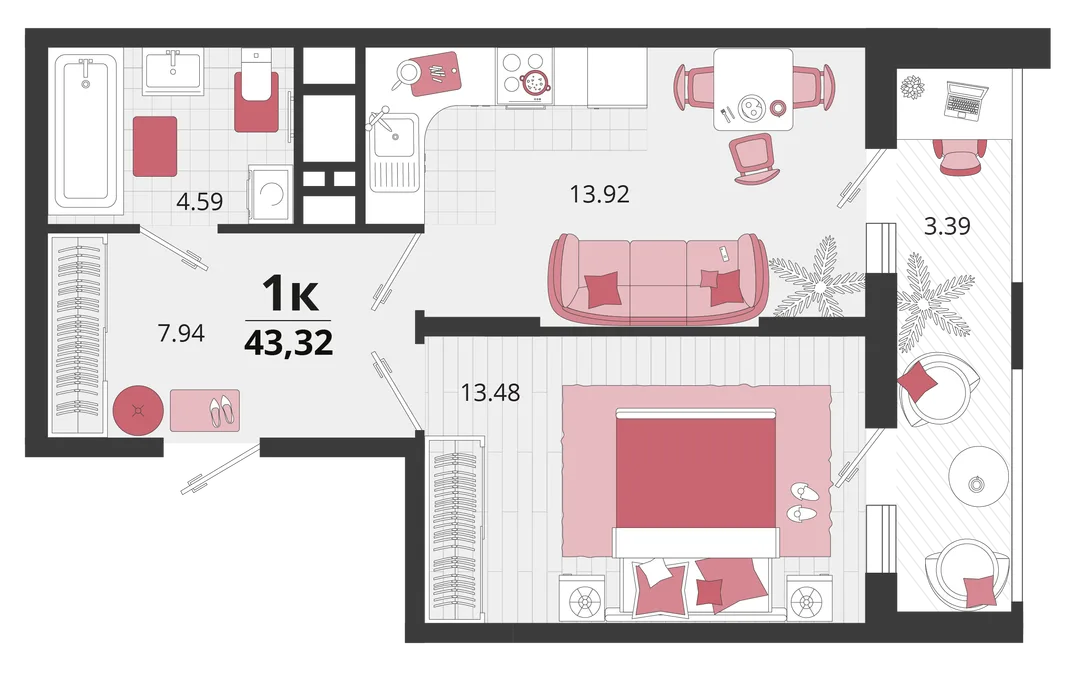 Планировка 1-комн. квартира, 42.6 м² ЖК «Родные просторы»