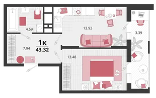 Планировка 1-комн. квартира, 42.6 м² ЖК «Родные просторы»