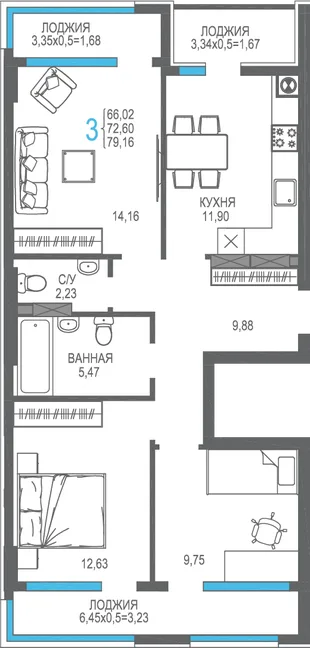 Планировка 3-комн. квартира, 72.6 м² ЖК «На Фонтанке»