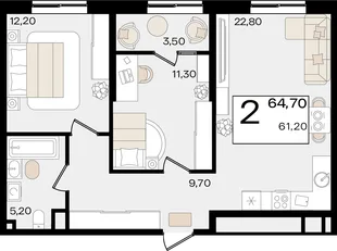 Планировка 2-комн. квартира, 64.7 м² ЖК «Патрики»
