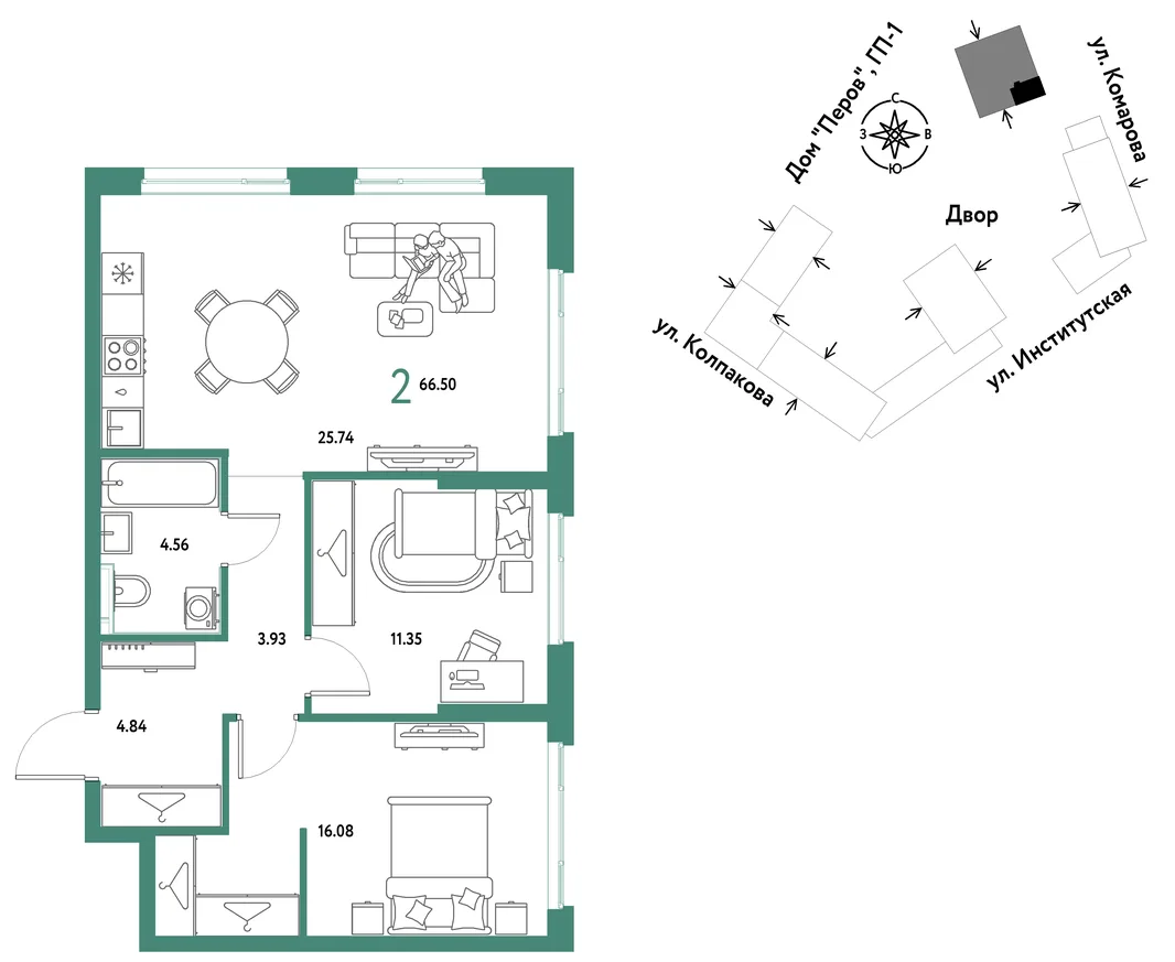 Планировка 2-комн. квартира, 66.5 м² ЖК «Страна.Парковая»