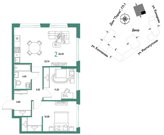 Планировка 2-комн. квартира, 66.5 м² ЖК «Страна.Парковая» Планировка 2-комн. квартира, 66.5 м² ЖК «Страна.Парковая»