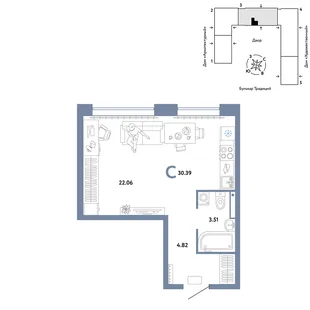 Планировка Студия, 30.39 м² ЖК «Микрорайон Домашний»