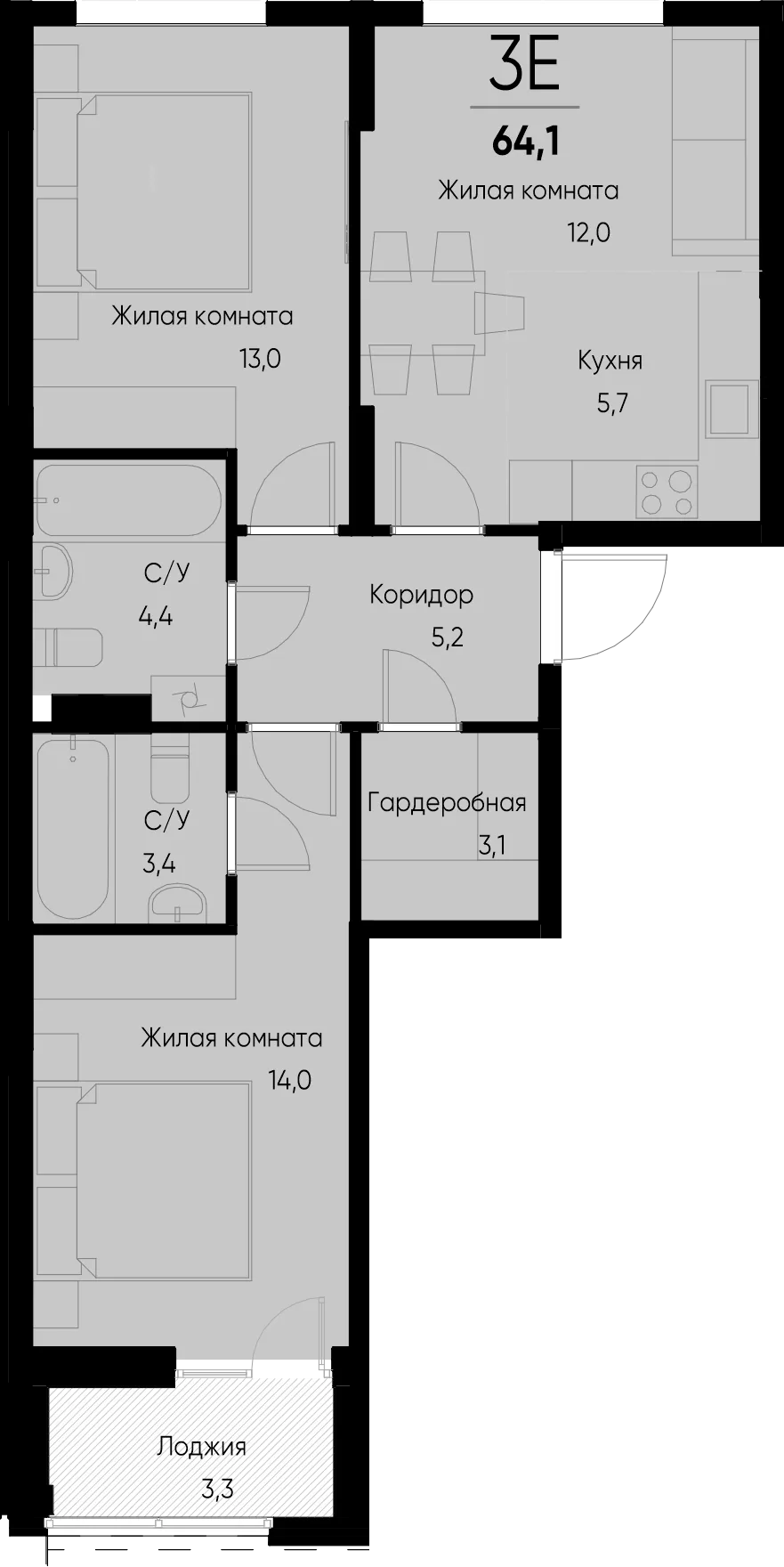 Планировка 3-комн. квартира, 64.1 м² ЖК «Васильевский остров»