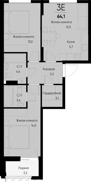 Планировка 3-комн. квартира, 64.1 м² ЖК «Васильевский остров»