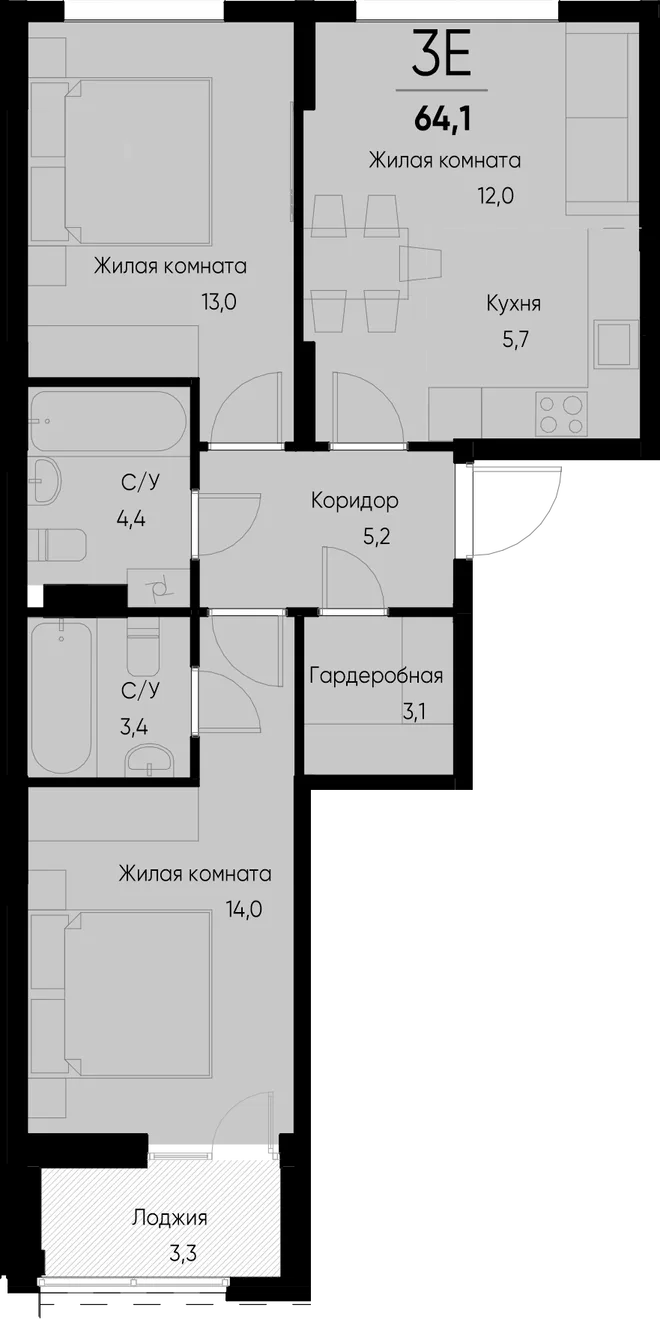 Планировка 3-комн. квартира, 64.1 м² ЖК «Васильевский остров» Планировка 3-комн. квартира, 64.1 м² ЖК «Васильевский остров»