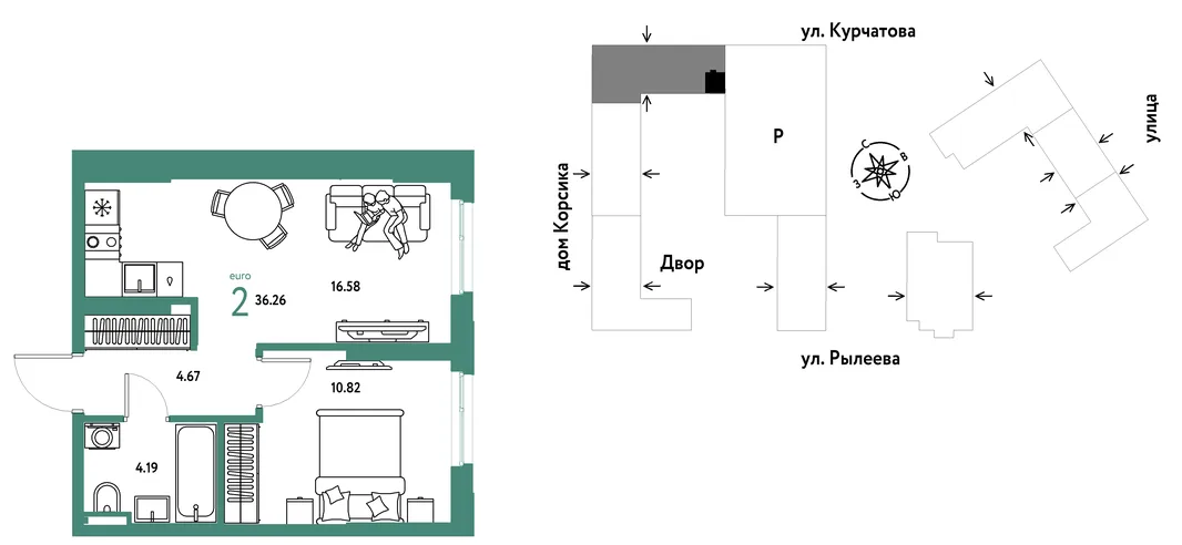 Планировка 2-комн. квартира, 36.26 м² ЖК «Остров-сад»