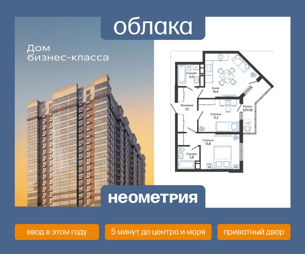 Планировка 2-комн. квартира, 58.5 м² ЖК «Облака»