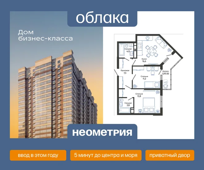 Планировка 2-комн. квартира, 58.5 м² ЖК «Облака» Планировка 2-комн. квартира, 58.5 м² ЖК «Облака»