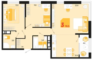 Планировка 3-комн. квартира, 78.5 м² ЖК «Первое место»