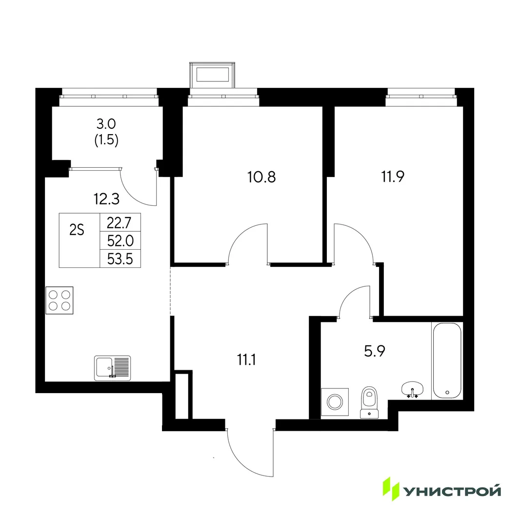 Планировка 2-комн. квартира, 53.5 м² ЖК «Стадиум»