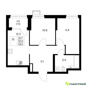 Планировка 2-комн. квартира, 53.5 м² ЖК «Стадиум»