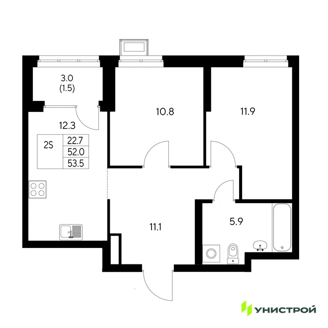 Планировка 2-комн. квартира, 53.5 м² ЖК «Стадиум»