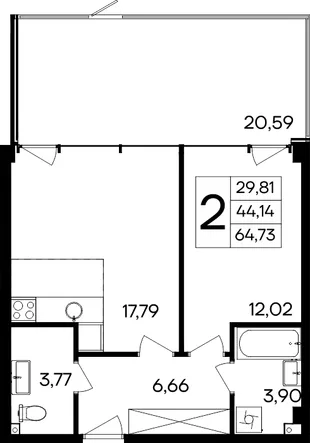 Планировка 2-комн. квартира, 64.73 м² Курортный кластер «САГА»