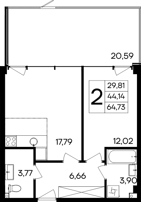 Планировка 2-комн. квартира, 64.73 м² Курортный кластер «САГА»