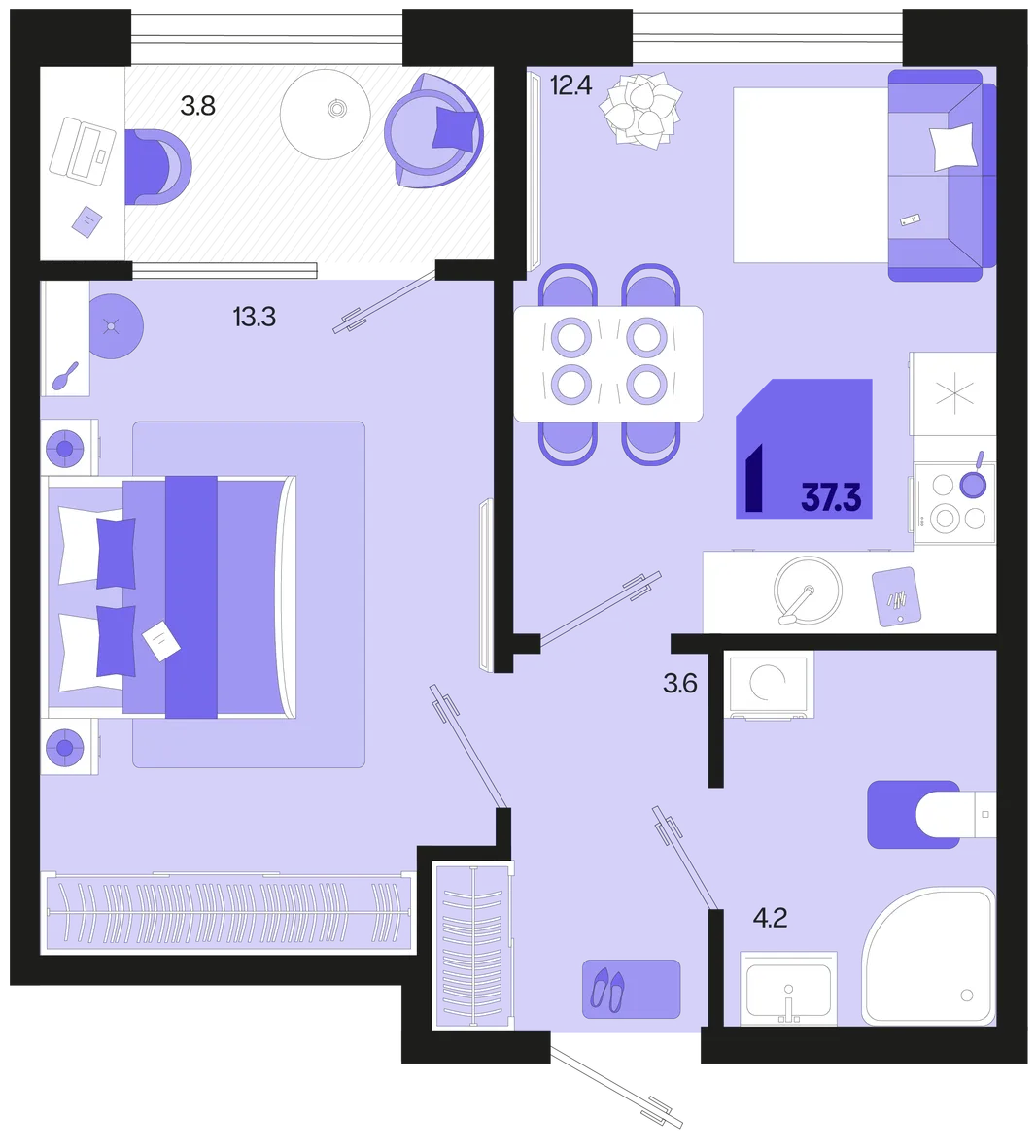 Планировка 1-комн. квартира, 37.3 м² ЖК «Первое место»