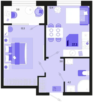 Планировка 1-комн. квартира, 37.3 м² ЖК «Первое место»
