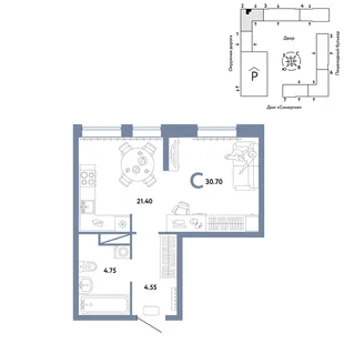 Планировка Студия, 30.7 м² ЖК «Юнион»