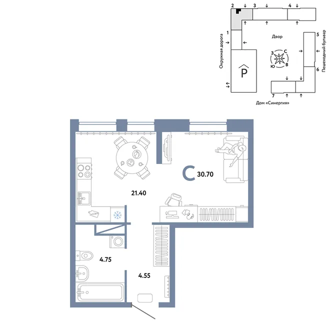 Планировка Студия, 30.7 м² ЖК «Юнион» Планировка Студия, 30.7 м² ЖК «Юнион»