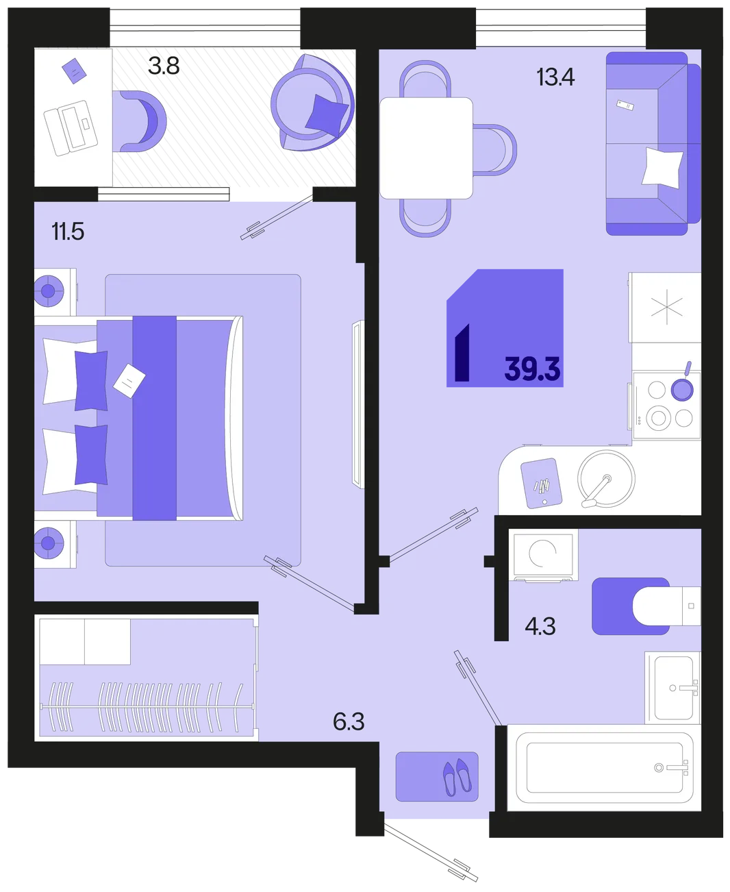 Планировка 1-комн. квартира, 39.3 м² ЖК «Первое место»