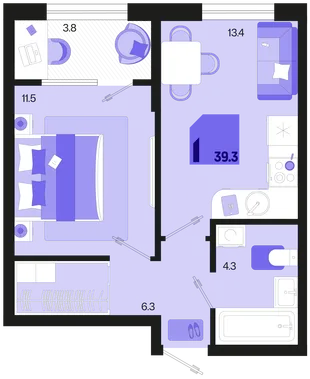 Планировка 1-комн. квартира, 39.3 м² ЖК «Первое место»