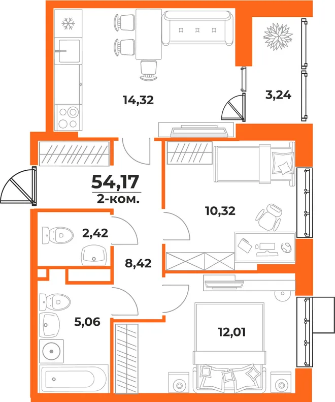 Планировка 2-комн. квартира, 54.17 м² ЖК «Живописный сад» Планировка 2-комн. квартира, 54.17 м² ЖК «Живописный сад»