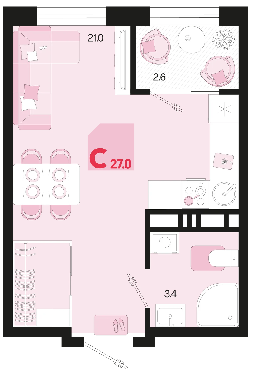 Планировка Студия, 27 м² ЖК «Первое место»