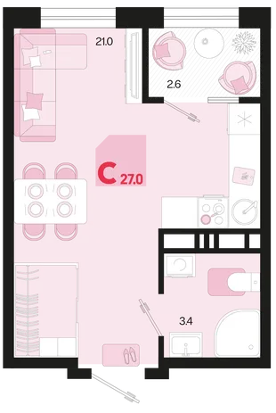 Планировка Студия, 27 м² ЖК «Первое место»