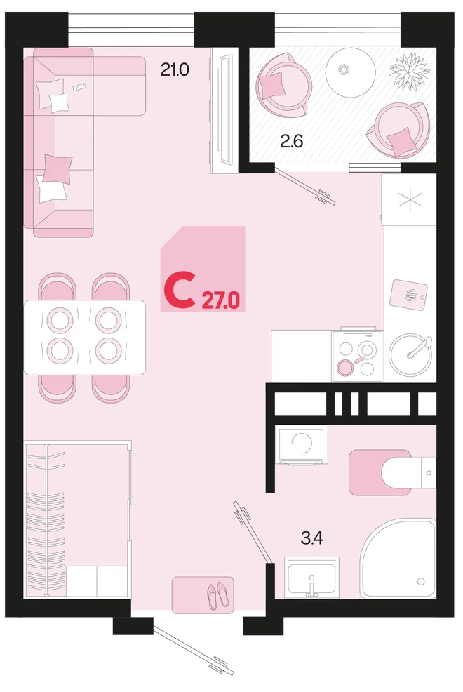 Планировка Студия, 27 м² ЖК «Первое место» Планировка Студия, 27 м² ЖК «Первое место»