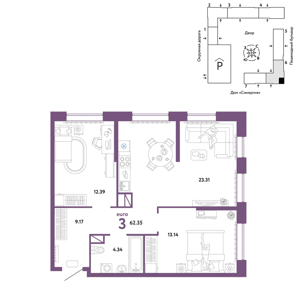 Планировка 3-комн. квартира, 62.35 м² ЖК «Юнион»