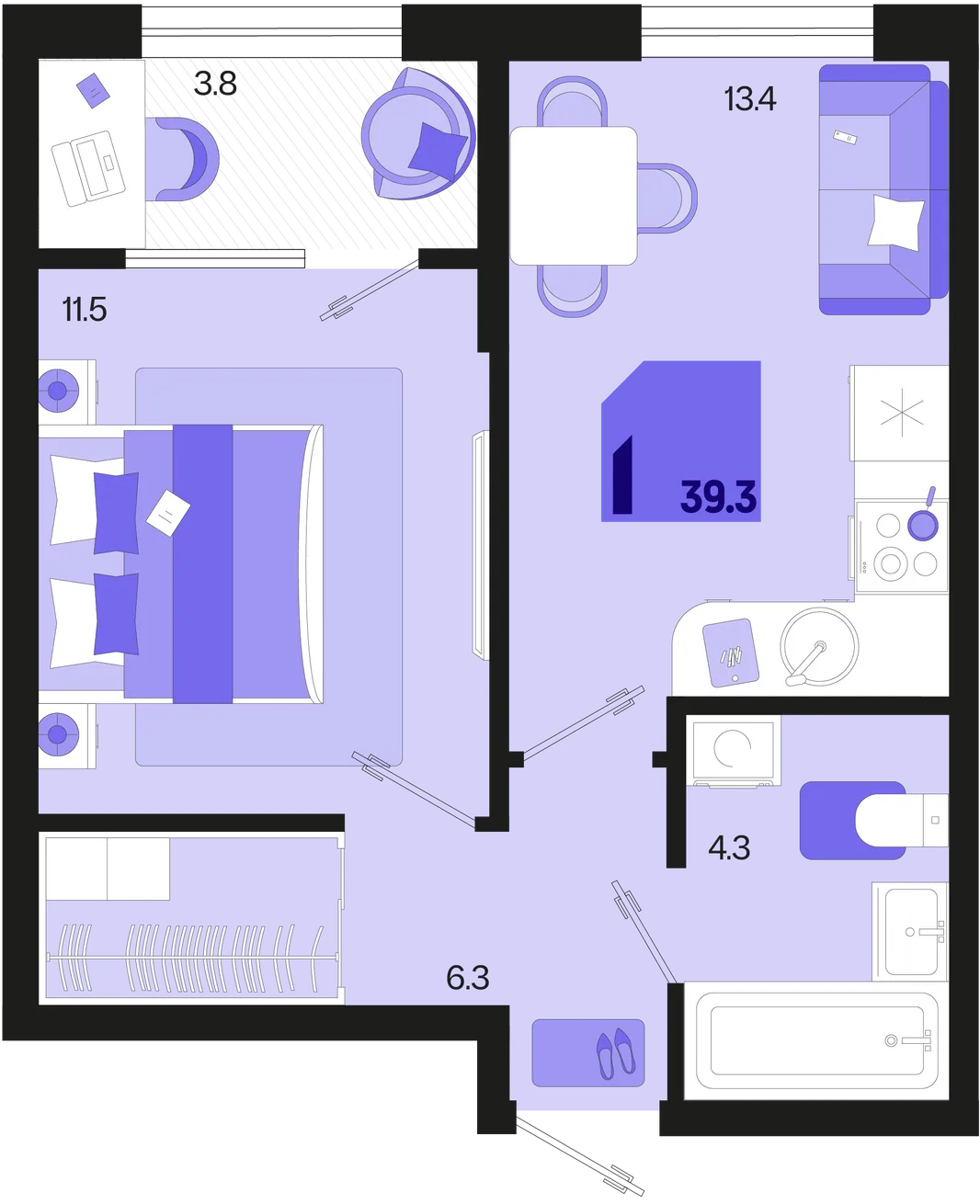 Планировка 1-комн. квартира, 39.3 м² ЖК «Первое место»