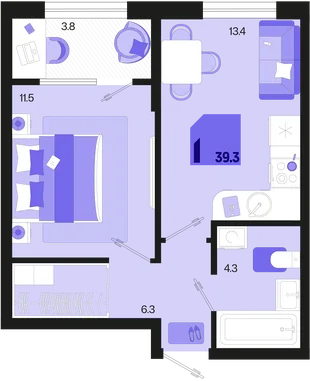 Планировка 1-комн. квартира, 39.3 м² ЖК «Первое место»